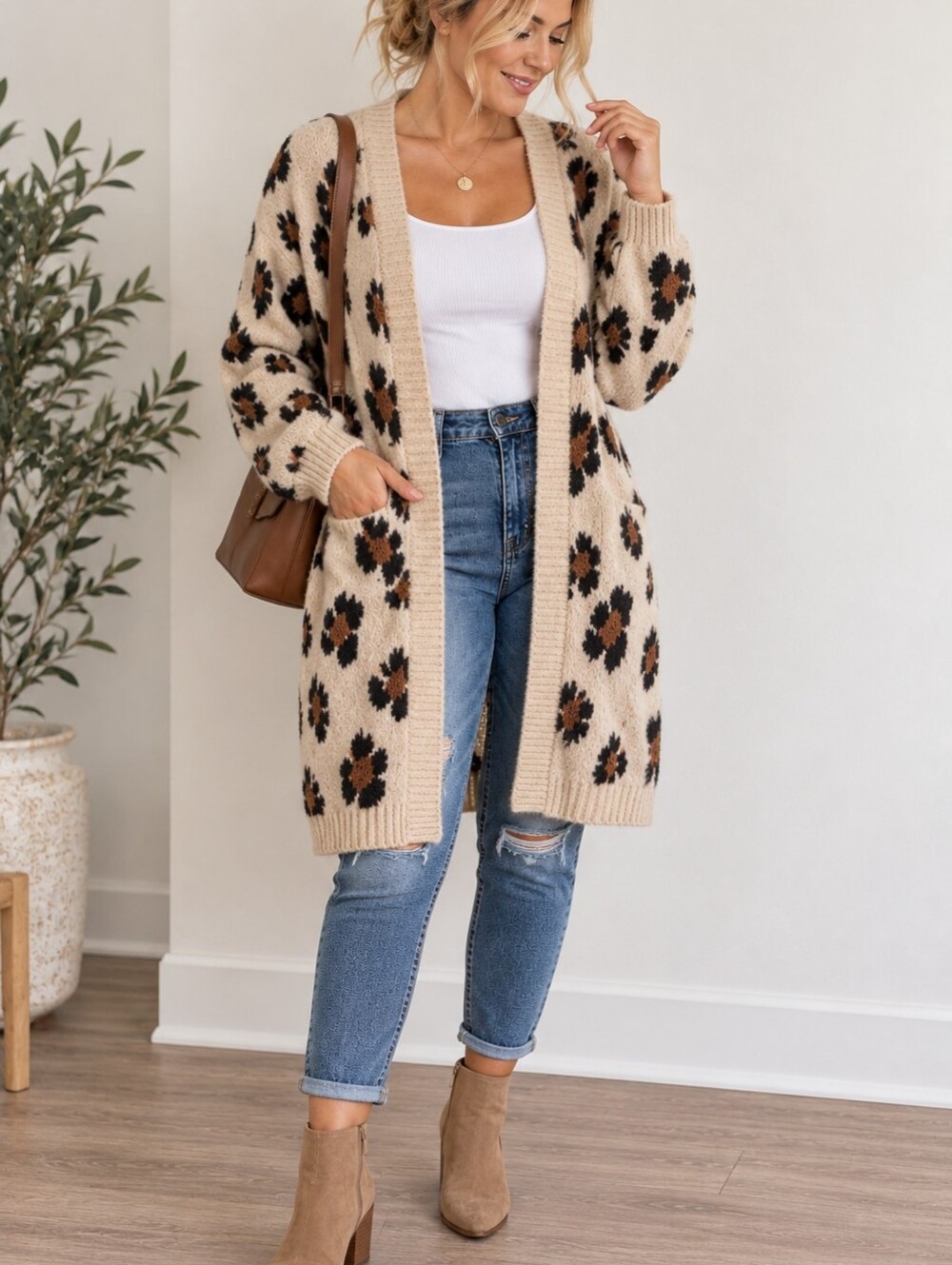 Knox Rose Leopard Animal Print Long Duster Cardigan Sweater XL